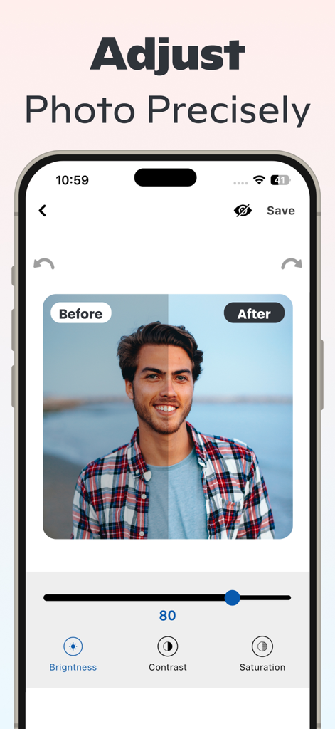 Background Remover - BG Editor - Mobile app interface showing before and after photo brightness adjustment on a portrait shot