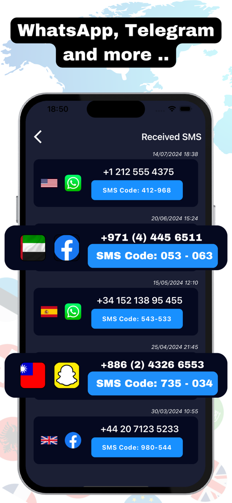 Oberfläche, die empfangene SMS-Verifizierungscodes für WhatsApp und Facebook von internationalen virtuellen Nummern anzeigt.