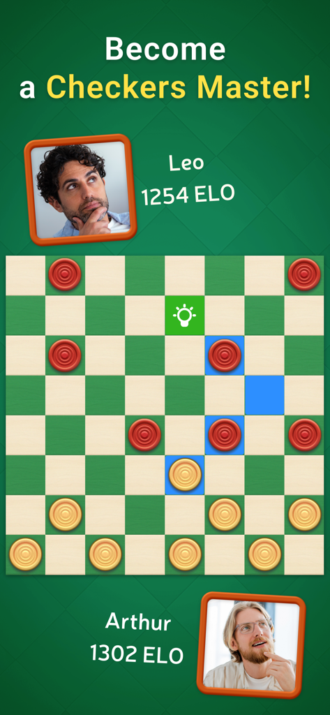 Checkers Clash of Kings online multiplayer game screen showing a match between two players with ELO ratings.