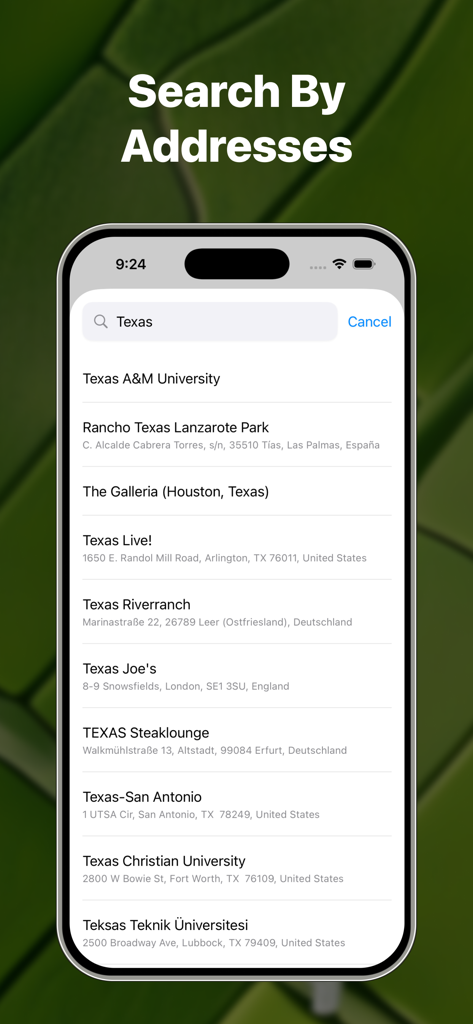 Pantalla de smartphone mostrando la función de búsqueda de direcciones en la App de Medición de Campos GPS con resultados para ubicaciones de Texas