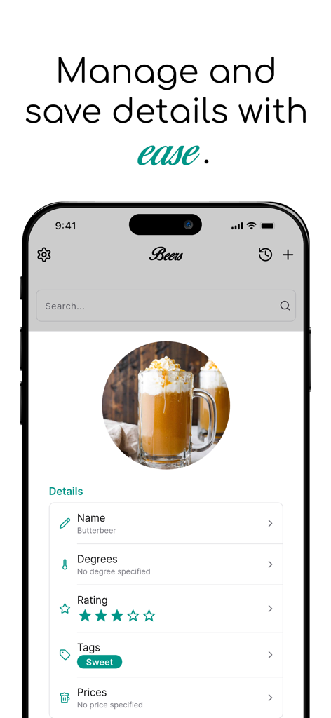 Beerstory – My beer library - A mobile interface of the Beerstory app showing detailed information for a saved beer including name, rating, and tags.