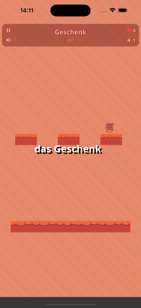 Word Climb - German Articles - Gameplay of Word Climb showing a character on a platform selecting the correct German article for the word Geschenk.