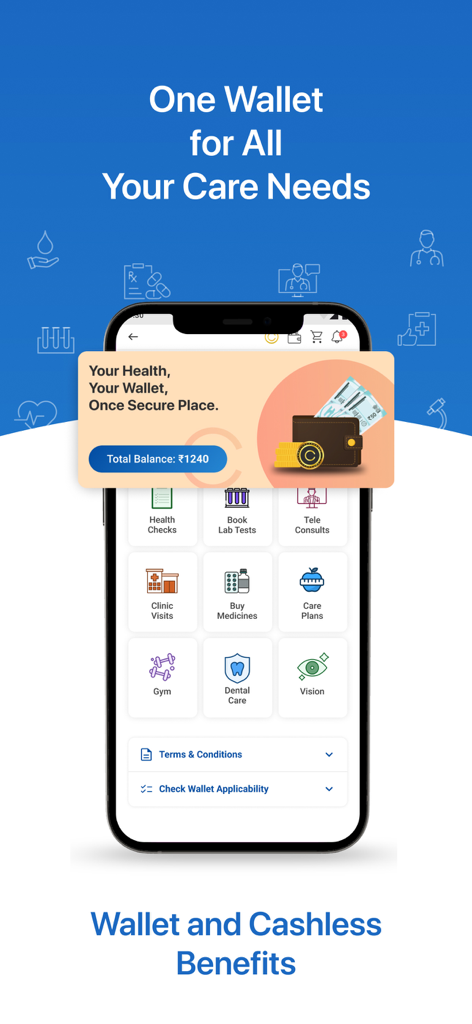 Habit Health - Habit Healthモバイルアプリインターフェース。デジタルヘルスウォレット残高と、遠隔相談や臨床検査などのサービスアイコンを表示。