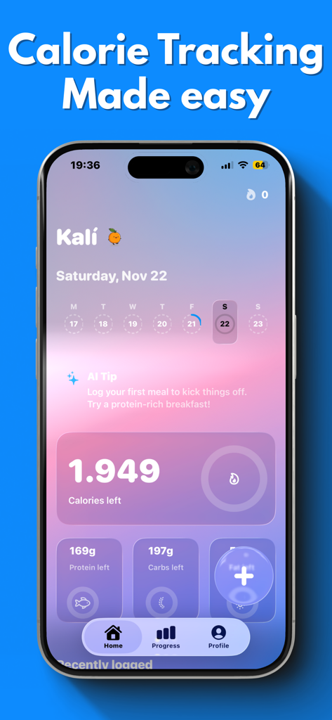 Kalí - iPhone screen displaying the Kali app dashboard showing remaining calories, protein, and carbs for the day