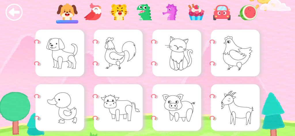 Painting Book - Selection screen of the Painting Book app featuring various farm animal outlines for coloring.