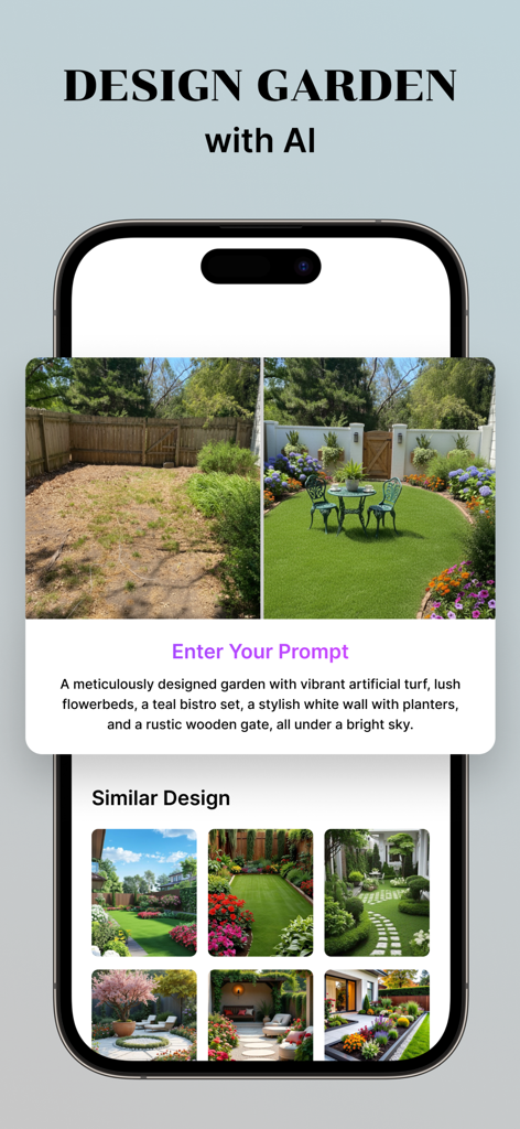 AI Home Decor: Interior Design - Pantalla de aplicación móvil que muestra una comparación de antes y después de un jardín trasero rediseñado con IA