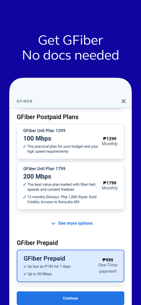 GlobeOne: Get More from Globe - Pantalla de la aplicación GlobeOne que muestra varios planes de Internet GFiber de pospago y prepago con diferentes velocidades y tarifas mensuales.