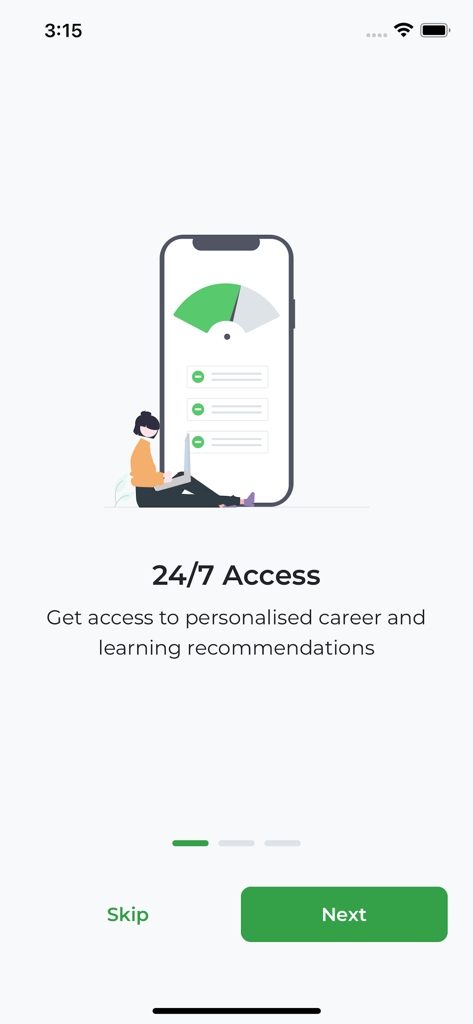 Talented - Écran d'accueil de l'application Talented montrant une illustration pour des recommandations personnalisées de carrière et d'apprentissage.