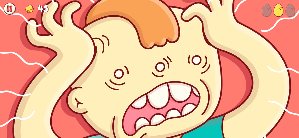 Close up of Gilbert character with three eyes and a wide mouth from the Eggggg game