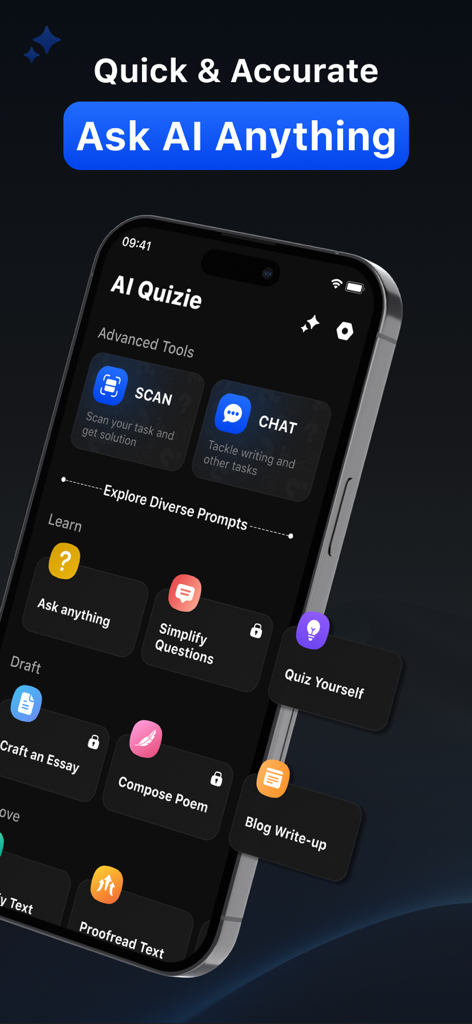 AI Search,Answer Search Engine - Screenshot of AI Quizie app showing AI tools for scanning chatting and learning