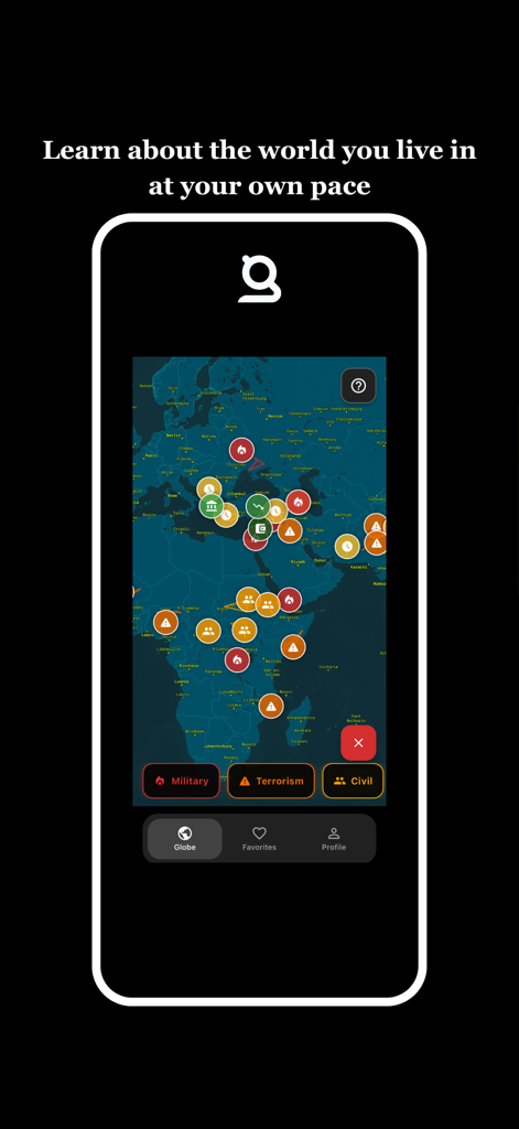 GeoFront - GeoFront interactive news globe with military and civil event markers.