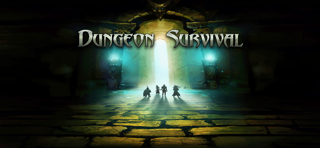 Dungeon Survival - Dungeon Survival title screen showing a silhouette of a four-hero party at a glowing dungeon entrance.