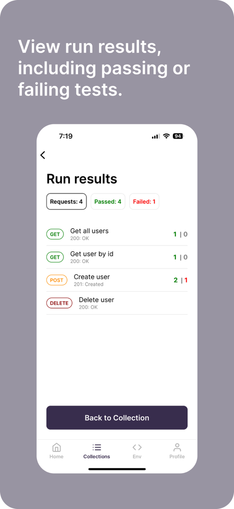 Interfaz que muestra los resultados de la ejecución de solicitudes de API con códigos de estado y recuentos de pruebas aprobadas/fallidas en la aplicación Cosmo