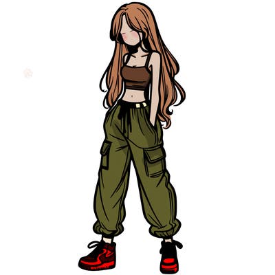 girl in baggy pants crop top and long hair
