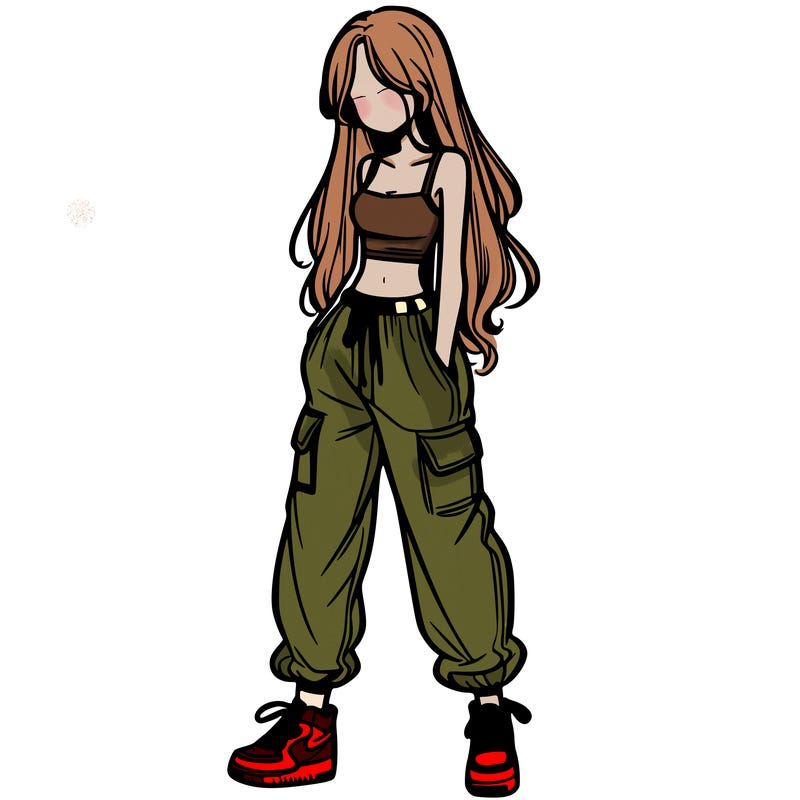 girl in baggy pants crop top and long hair