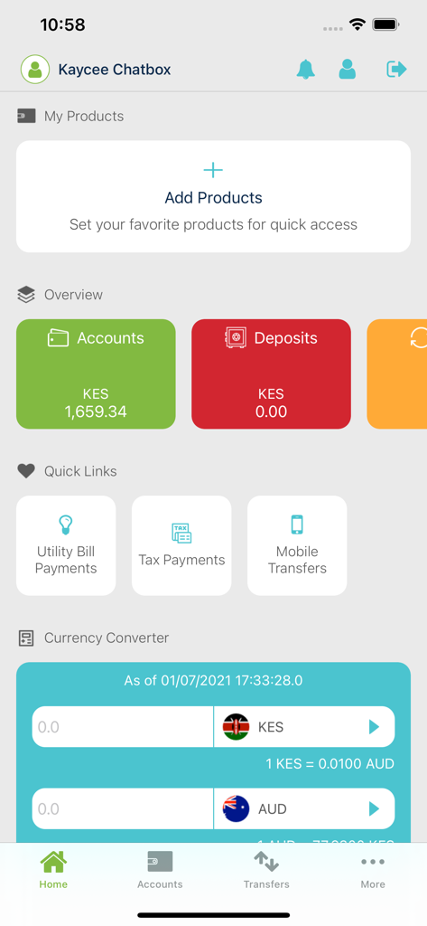 KCB iBank - Home screen of KCB iBank app displaying account balances and quick links for mobile transfers and bill payments