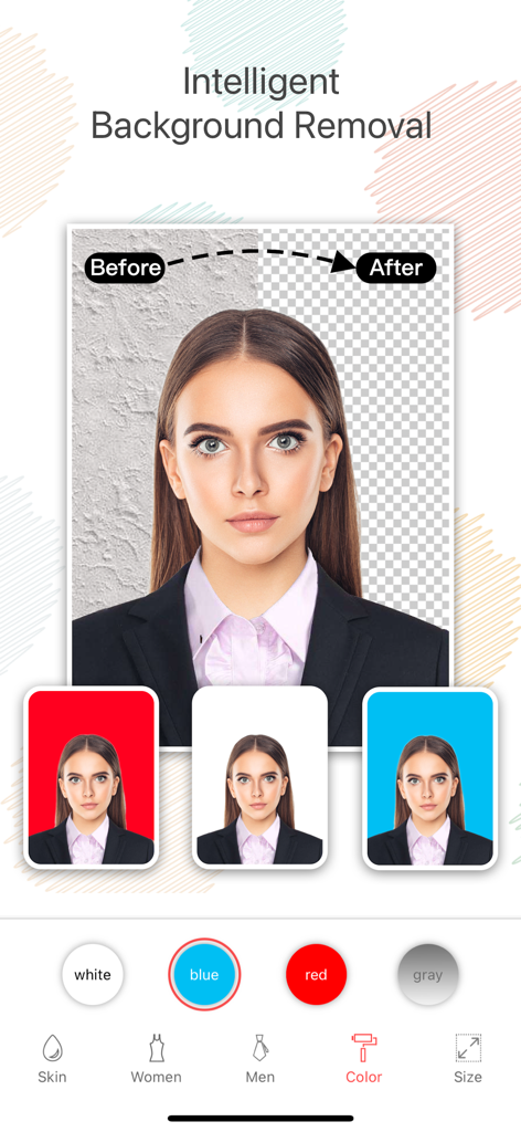 Mobile app interface demonstrating intelligent background removal and color replacement options for a passport photo