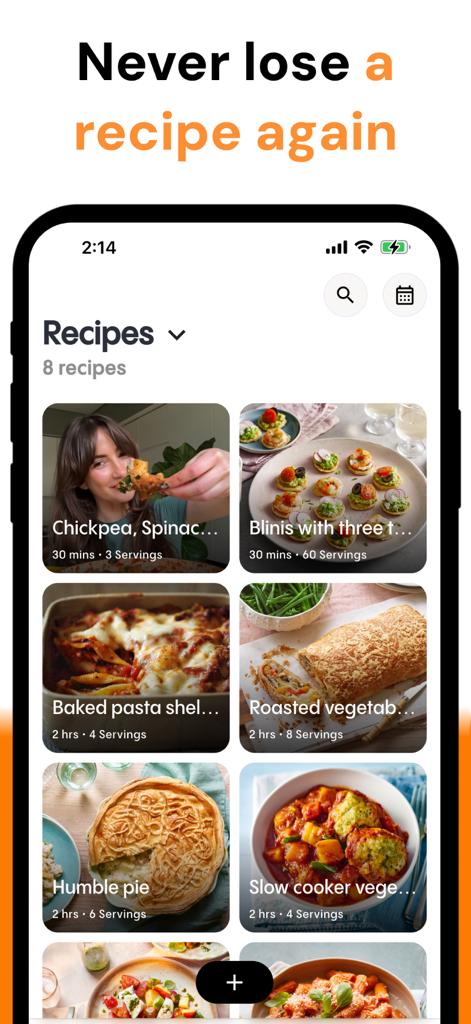 The Reciply app home screen showing a grid of saved recipes with images and cooking durations.