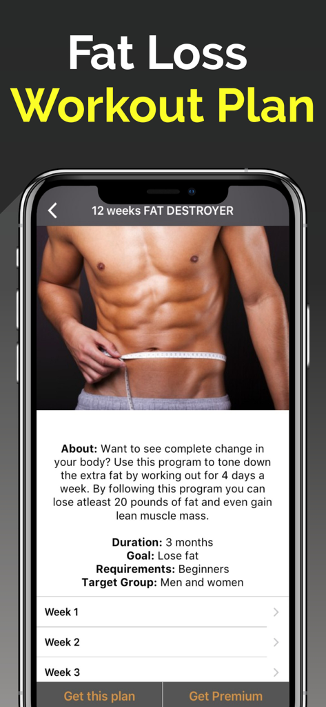 Interfaz de la aplicación móvil mostrando un programa de entrenamiento de pérdida de grasa de 12 semanas con detalles de duración y objetivo