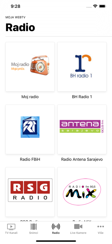 A mobile app screen showing a selection of Bosnian radio stations like BH Radio 1 and Antena Sarajevo.