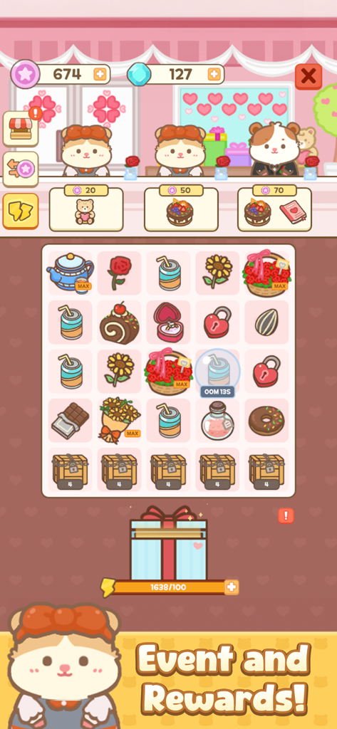 Ham's Kitchen : Cute Food Game - Um tabuleiro de jogo de quebra-cabeça de mesclagem em Cozinha do Hamster mostrando vários itens de comida e presentes com personagens hamsters fofos no topo