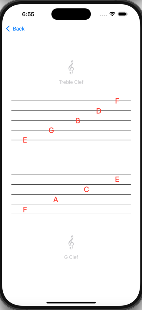 Piano Play - the easy way - Uma tela educacional simples mostrando notas musicais nas linhas e espaços da clave de sol.
