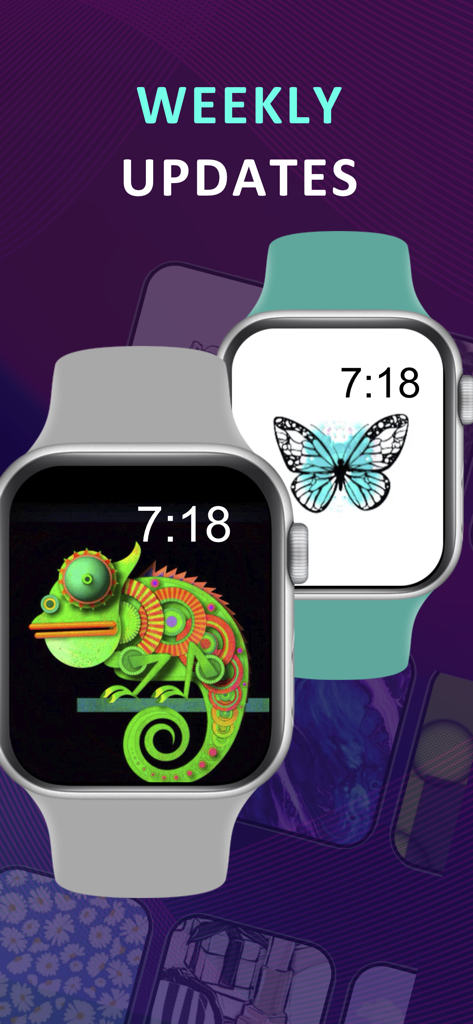 Watch Faces Gallery + - カラフルなカメレオンと蝶のウォッチフェイスデザインを特徴とする2つのApple Watch