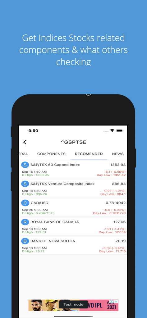 Un smartphone affichant l'application Canada Stock Market Live avec une liste d'indices boursiers recommandés et les prix des principales banques