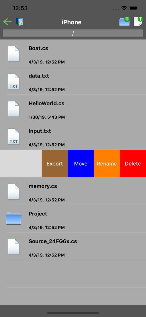A list of project files in the C-Sharp Programming Compiler app with options to export move rename and delete.