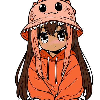 girl with anime shaped eyes with a dinosaur bucket hat oversized sweatshirt long straight hair