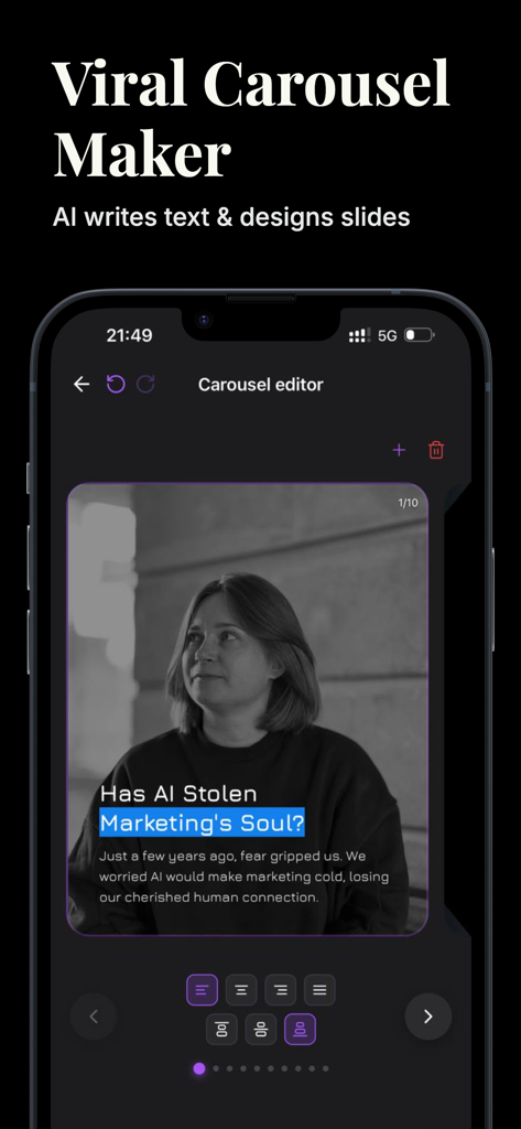 MOVE:AI Carousel & Reels Maker - A screenshot of the MOVE AI Carousel Maker app showing the slide editor interface with text and design options