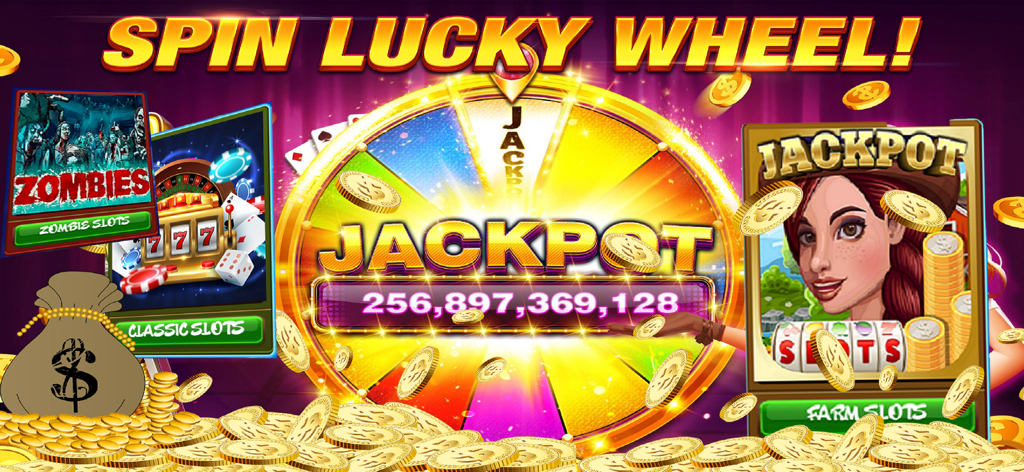 A golden lucky wheel with a multi billion jackpot and various slot machine themes like zombies and farm slots