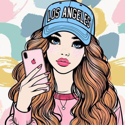 realistic beautiful girl wearing los ángeles cap holding an iphone