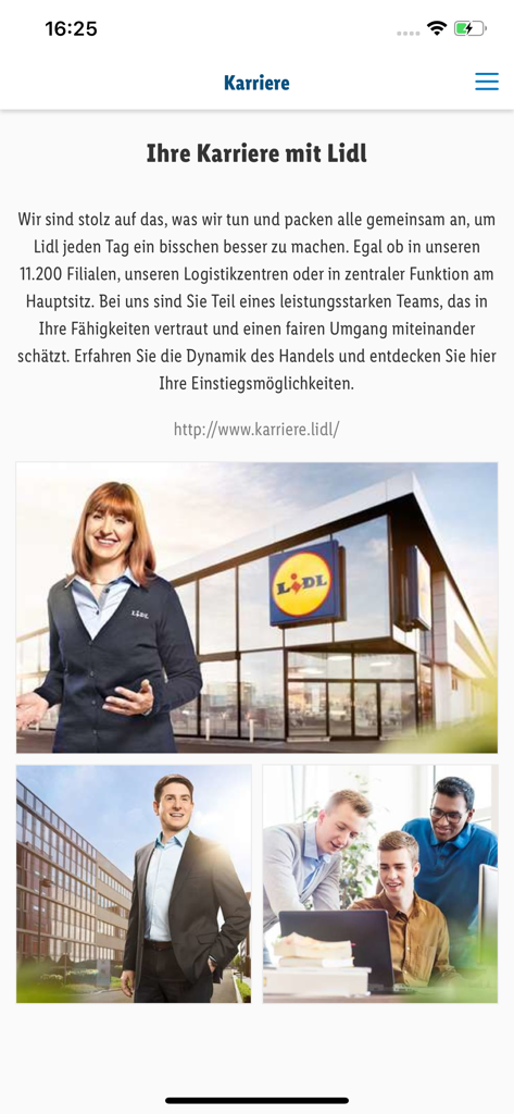 Screenshot of the We Are Lidl app career page featuring store and office employees