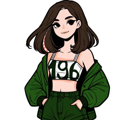 a realistic girl with a crop top and short shorts in an open jacket