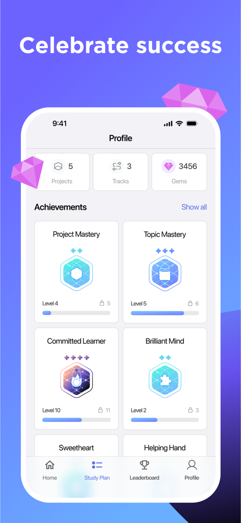 Hyperskill: Learn to Code - Hyperskill app profile page displaying user achievements and coding project milestones.