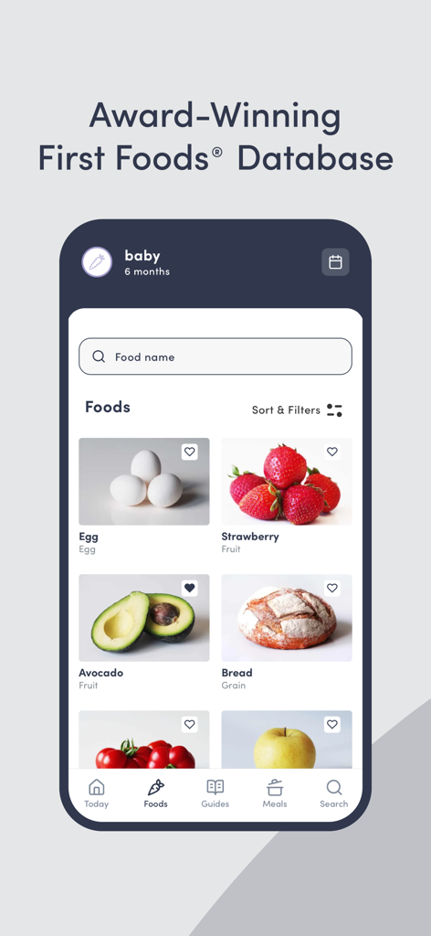 Capture d'écran de l'application Solid Starts montrant la base de données primée des premiers aliments avec des images d'œufs, de fraises, d'avocats et de pain pour l'alimentation autonome du bébé.