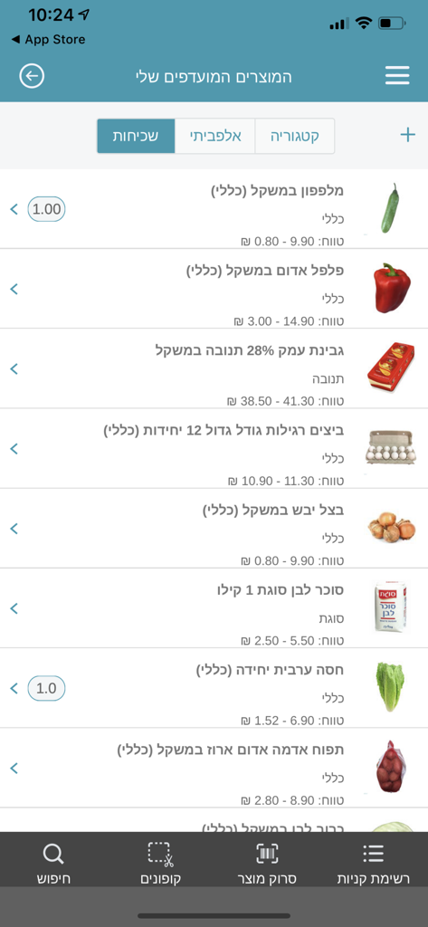 Pricezアプリのスクリーンショットで、野菜、卵、チーズなどの好きな食料品のリストと、それぞれの価格帯がヘブライ語で表示されている