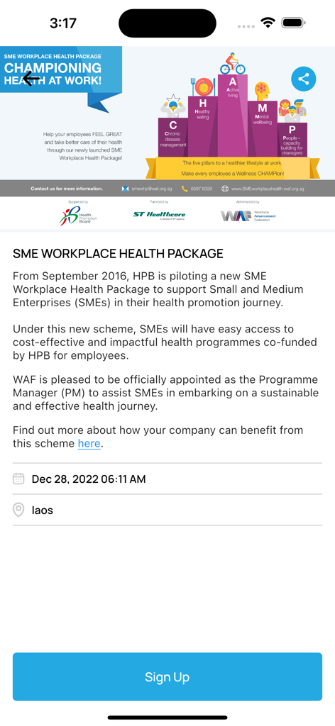 WAF App - Screenshot of the WAF App showing details of the SME Workplace Health Package including health pillars and program information.