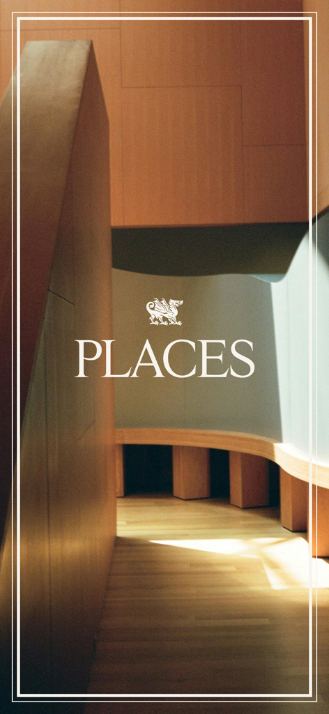 Schermata introduttiva per l'app Places Curated Discovery con il nome del brand e il logo del drago su un interno minimalista ed estetico.