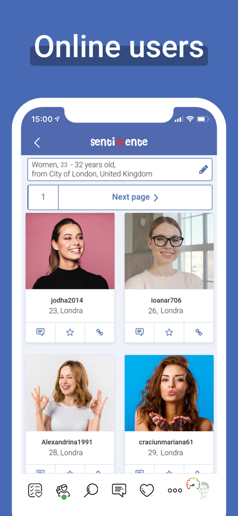 Sentimente - Sentimente app interface showing a list of online user profiles with photos and location details.
