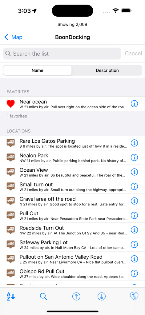 Boondocking app interface showing a list of free camping locations with distance and descriptions