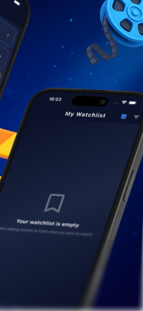 The empty watchlist screen of the CineVerses app featuring a dark navy cinematic theme and a 3D blue film reel icon.