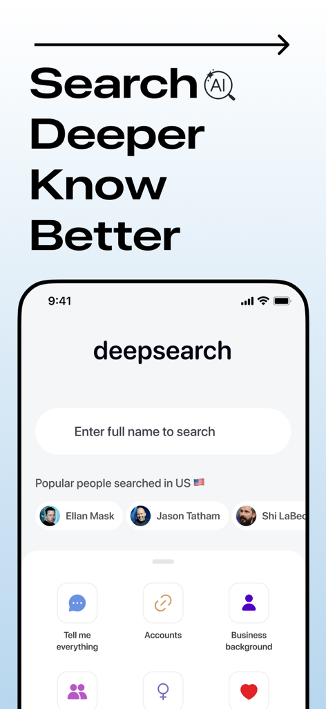 Deepsearch AI app home screen showing a search bar and popular people search profiles