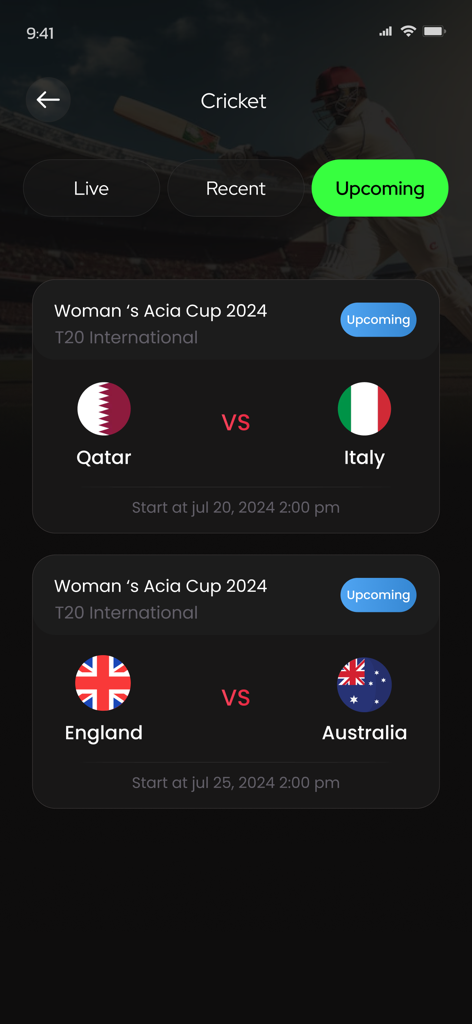 NBA Score, Football Live Score - Mobile screen showing upcoming cricket match schedules and start times for the Women's Asia Cup.