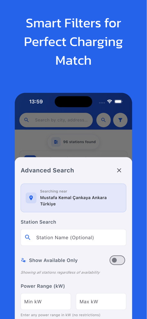 Ev Charge Station Find on Map - Advanced search filters for finding electric vehicle charging stations by power range and availability