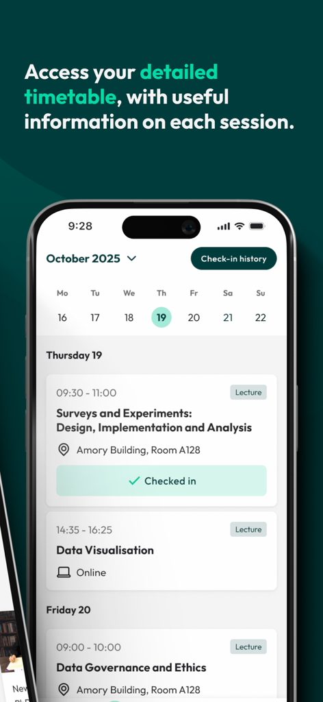 MyExeter - MyExeter app showing a detailed student lecture timetable with lecture times and room locations