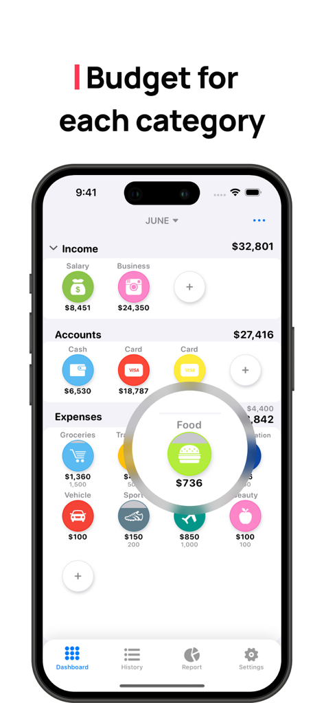 Mobile app interface showing income and expense categories with a focus on a food budget icon