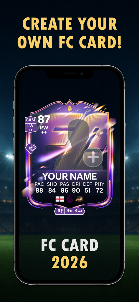 Smartphone showing a customizable soccer player card in the FC Card Creator app.