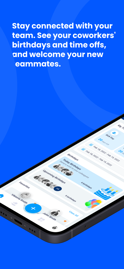Spark work mobile app screen showing team birthdays and employee connection features